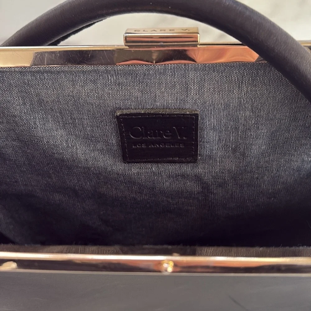 Clare V Black Leather Top-Handle Frame Bag with Gold Hardware